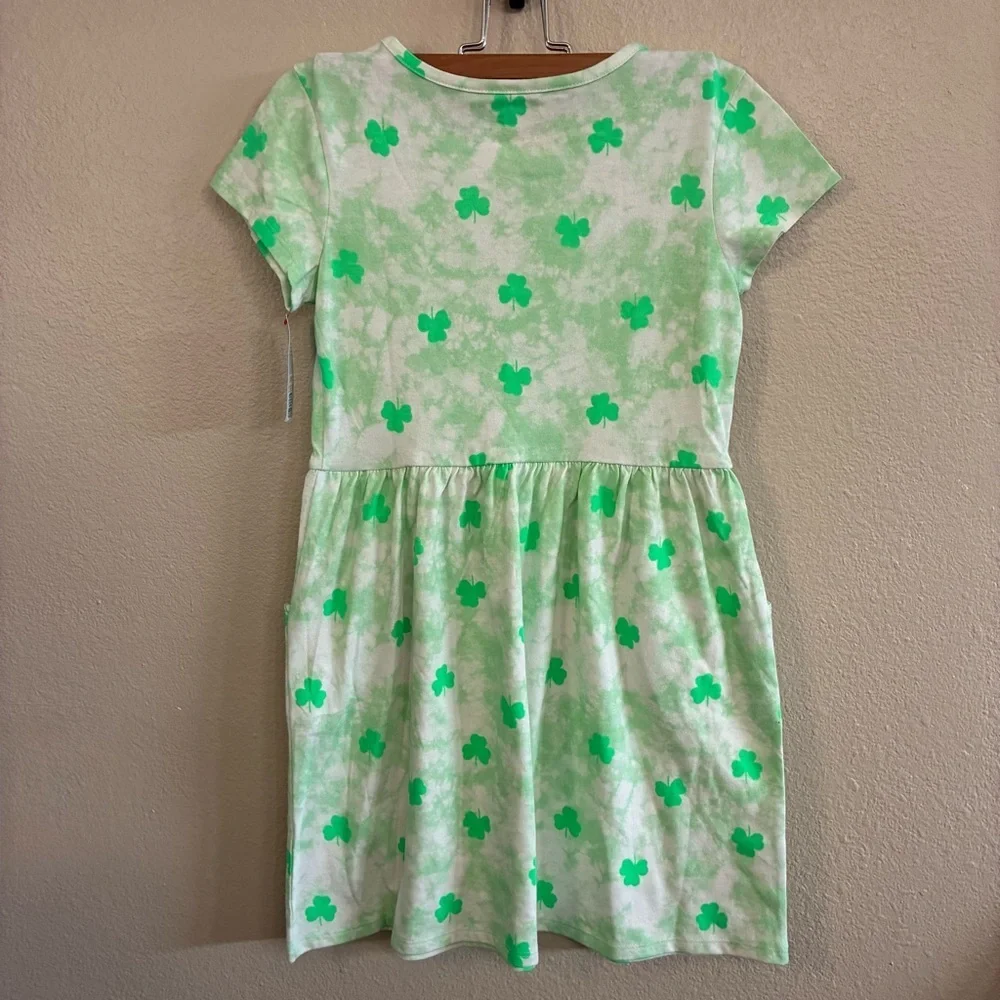 Cat & Jack Girls Green Shamrock Short  Sleeves Pocket Babydoll Style Dress Sz L
